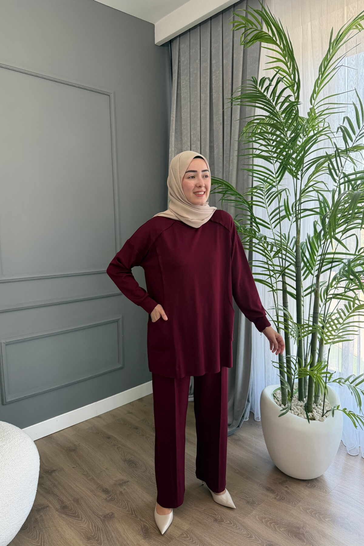 BİYELİ OYSHO PANTALONLU TAKIM 4421 BORDO