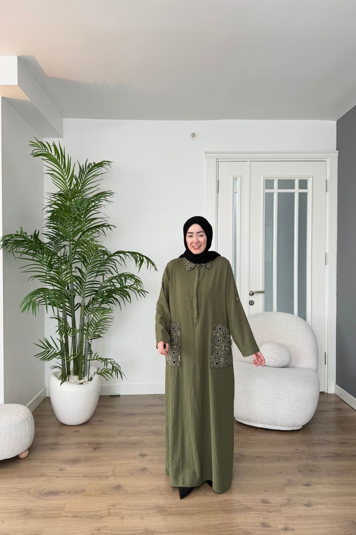 CEP VE YAKA NAKIŞLI PAMUK KETEN ELBİSE 7106 HAKİ