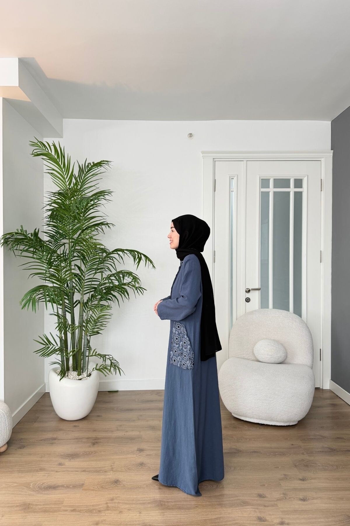 CEP VE YAKA NAKIŞLI PAMUK KETEN ELBİSE 7106 İNDİGO