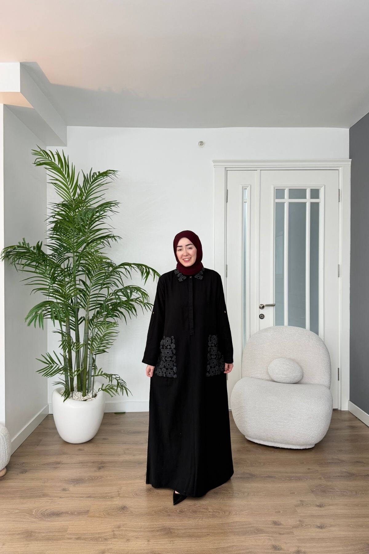 CEP VE YAKA NAKIŞLI PAMUK KETEN ELBİSE 7106 SİYAH