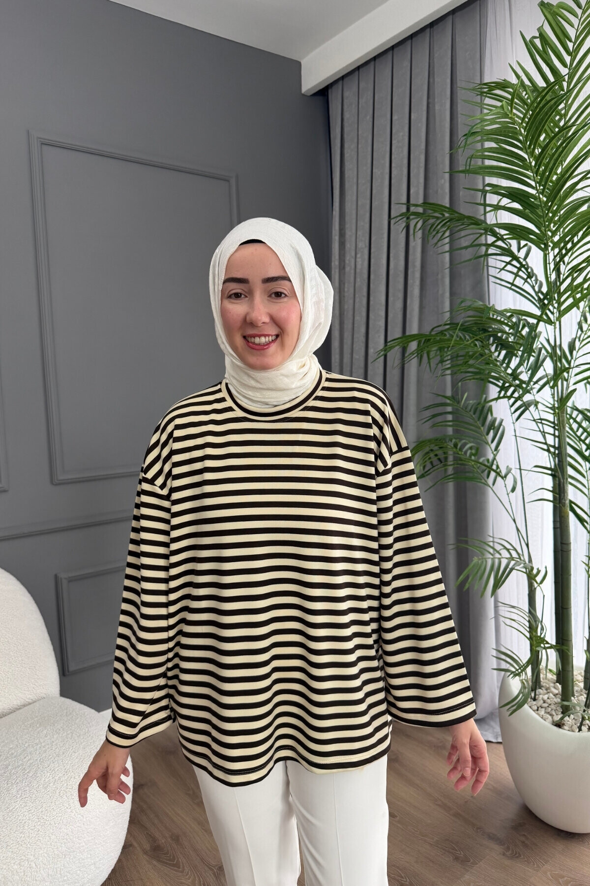 ÇİZGİLİ OYSHO KUMAŞ TUNİK 3002 KAHVE-KREM