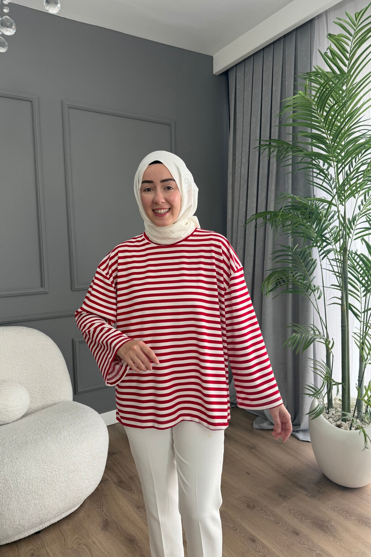 ÇİZGİLİ OYSHO KUMAŞ TUNİK 3002 KIRMIZI-BEYAZ