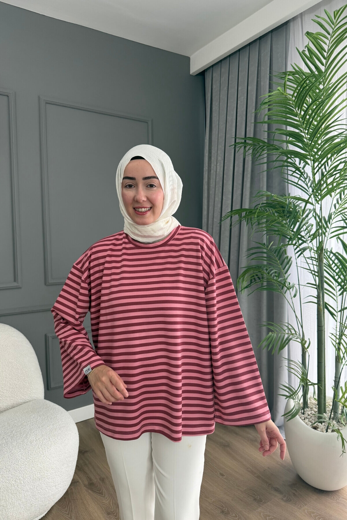ÇİZGİLİ OYSHO KUMAŞ TUNİK 3002 PUDRA-VİŞNE