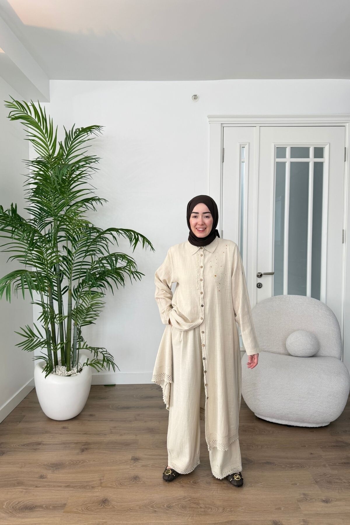 DANTEL DETAYLI PAMUK KETEN PANTALON TAKIM 7102  BEJ