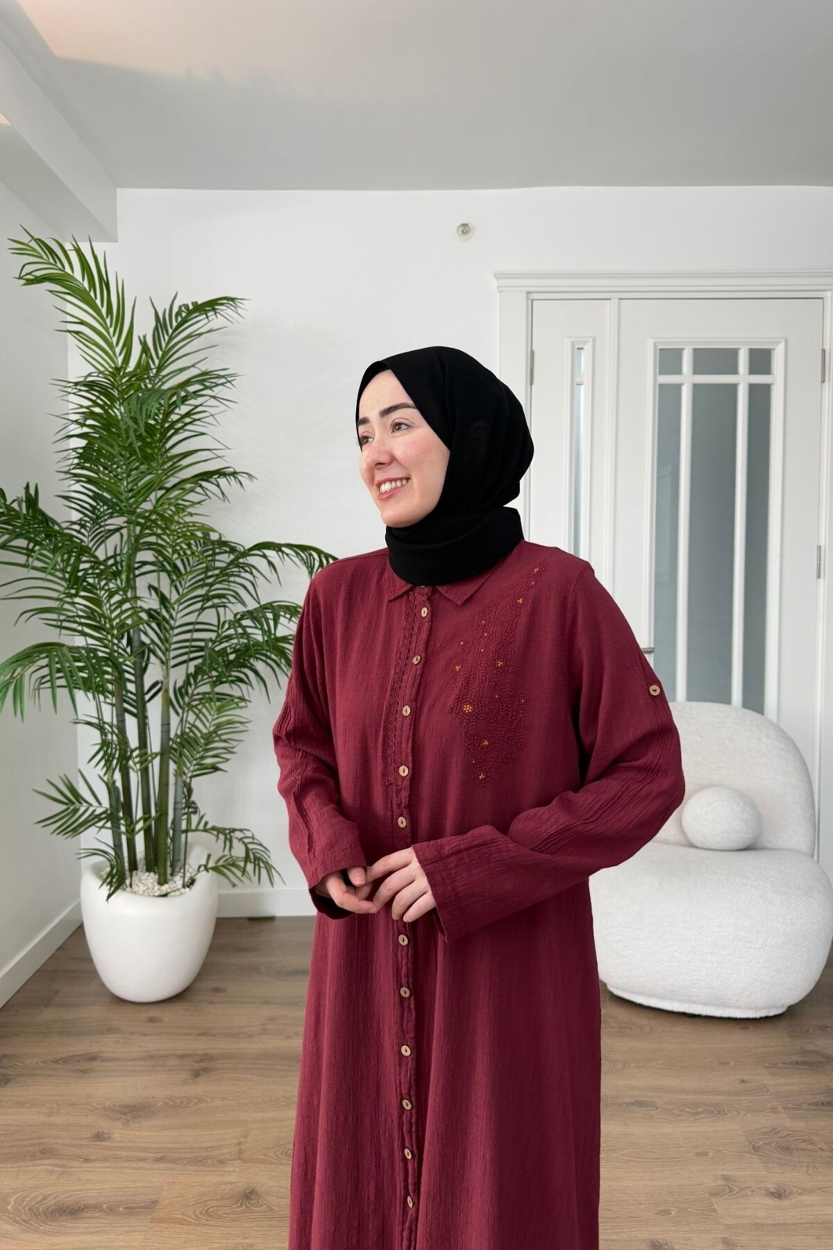 DANTEL DETAYLI PAMUK KETEN PANTALON TAKIM 7102 BORDO