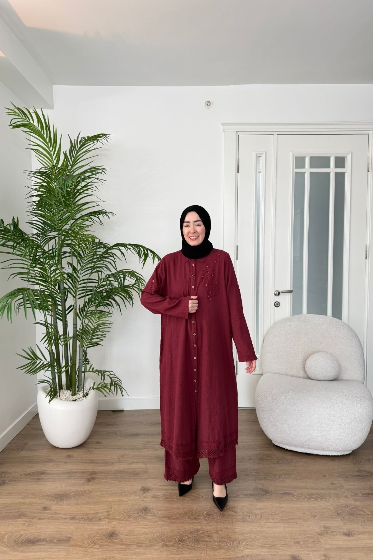 DANTEL DETAYLI PAMUK KETEN PANTALON TAKIM 7102 BORDO