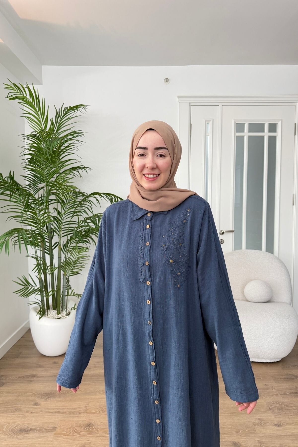 DANTEL DETAYLI PAMUK KETEN PANTALON TAKIM 7102 İNDİGO