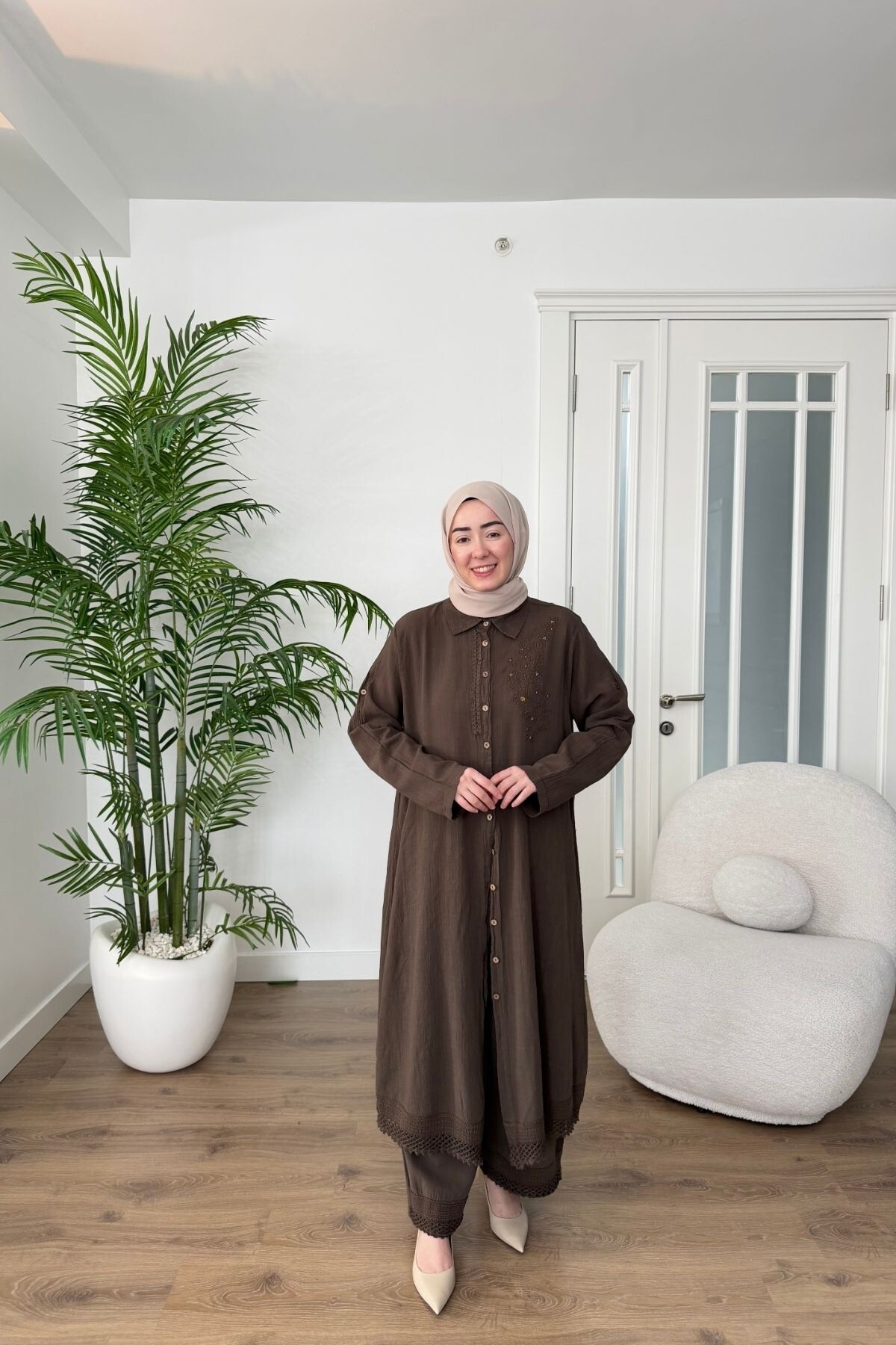 DANTEL DETAYLI PAMUK KETEN PANTALON TAKIM 7102 KAHVE