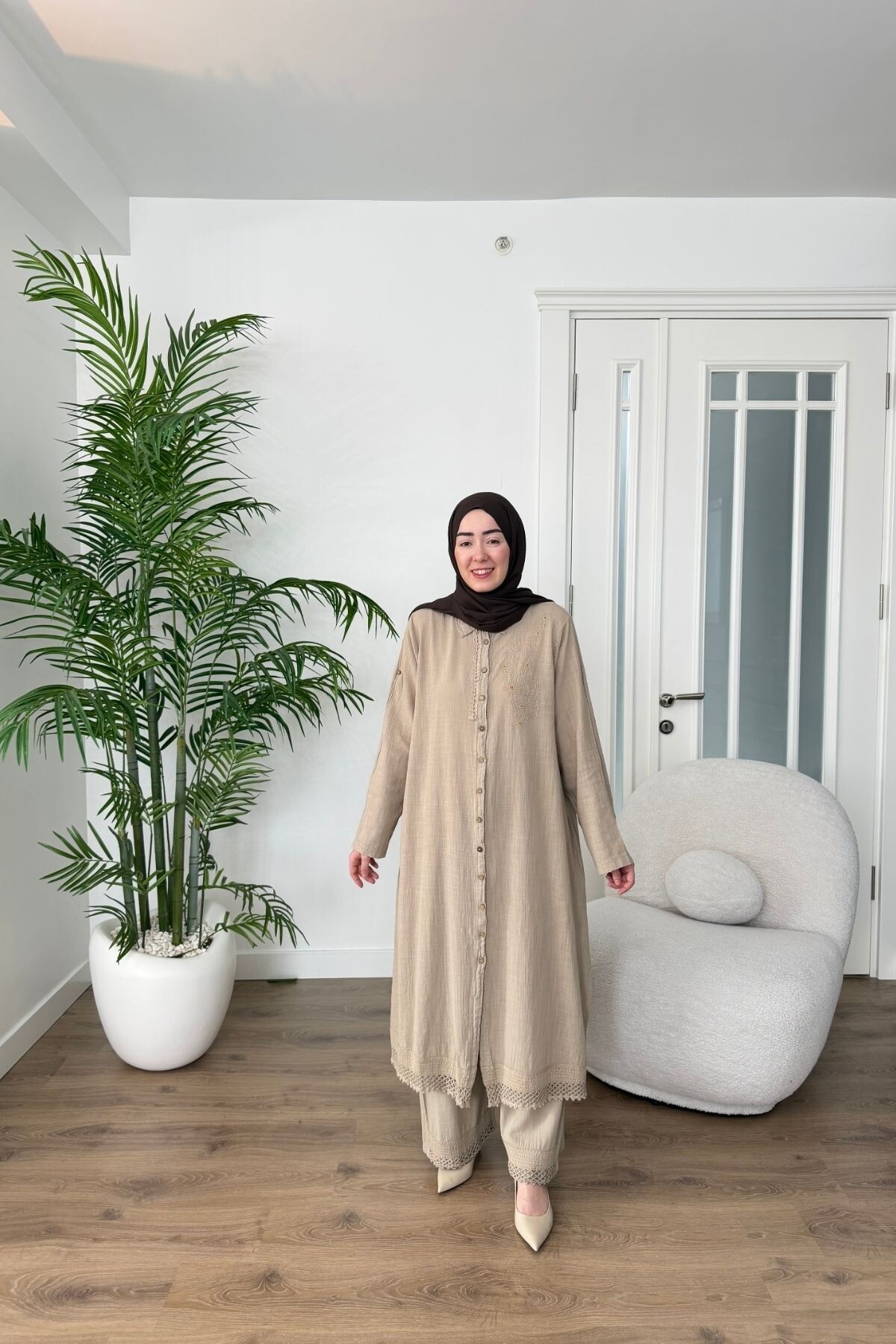 DANTEL DETAYLI PAMUK KETEN PANTALON TAKIM 7102 VİZON