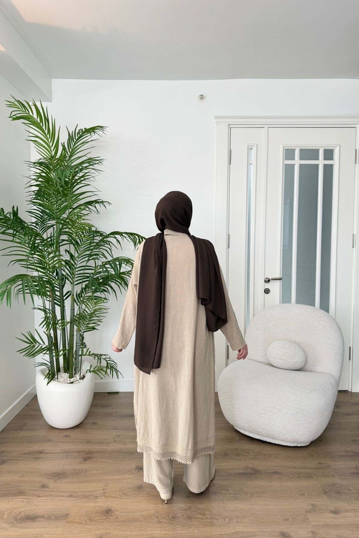 DANTEL DETAYLI PAMUK KETEN PANTALON TAKIM 7102 VİZON