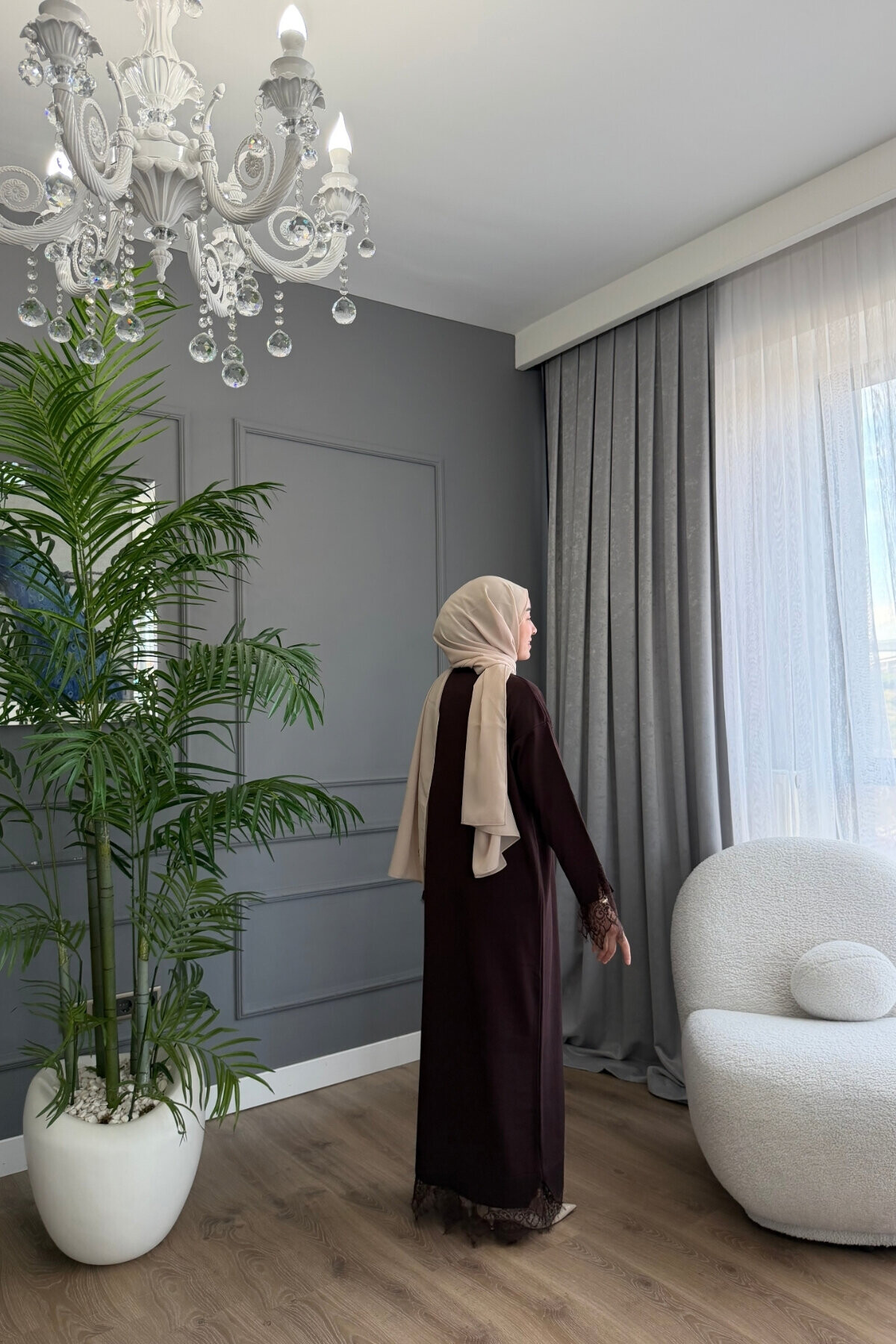 DANTEL DETAYLI PREMİUM TRİKO ELBİSE 6123 KAHVE