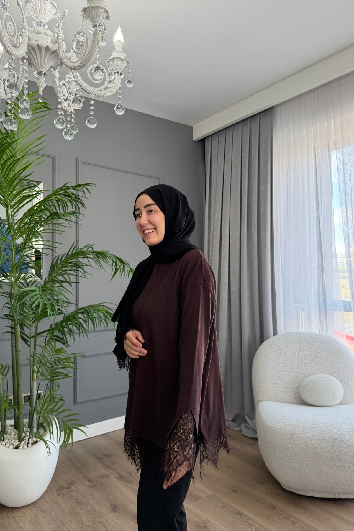DANTEL DETAYLI TRİKO TUNİK 6122 KAHVE