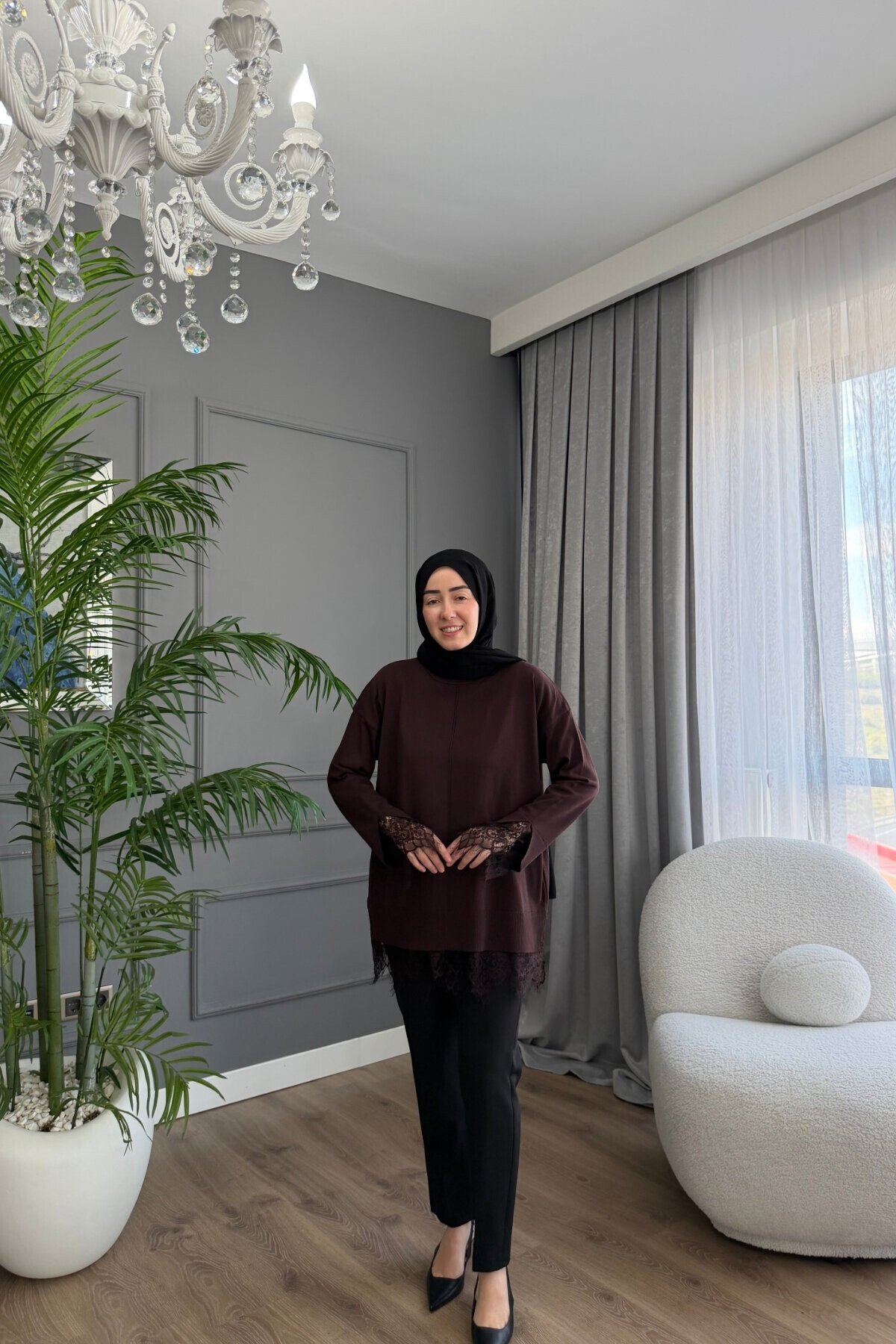 DANTEL DETAYLI TRİKO TUNİK 6122 KAHVE