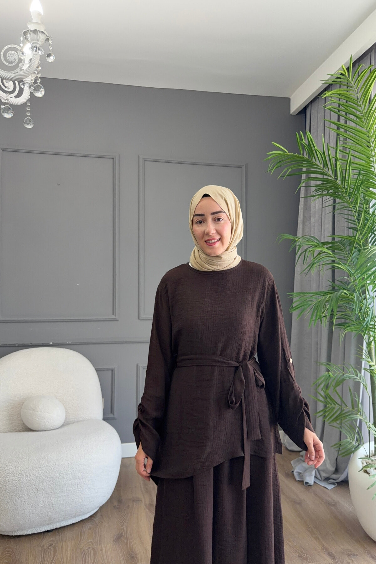 FİRUZE ELBİSELİ BLUZLU  LUNA KETEN KUMAŞ TAKIM 1517 KAHVE