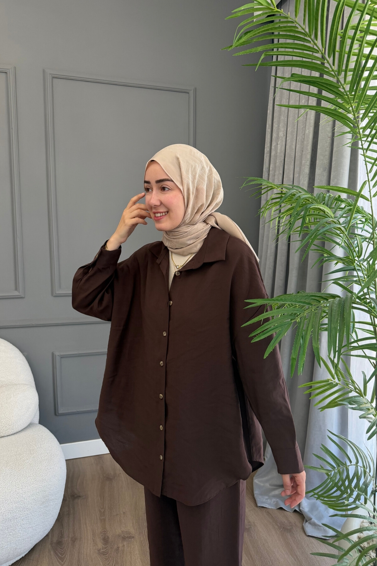 KLASİK GÖMLEKLİ MODAL KUMAŞ TAKIM 4302 KAHVE