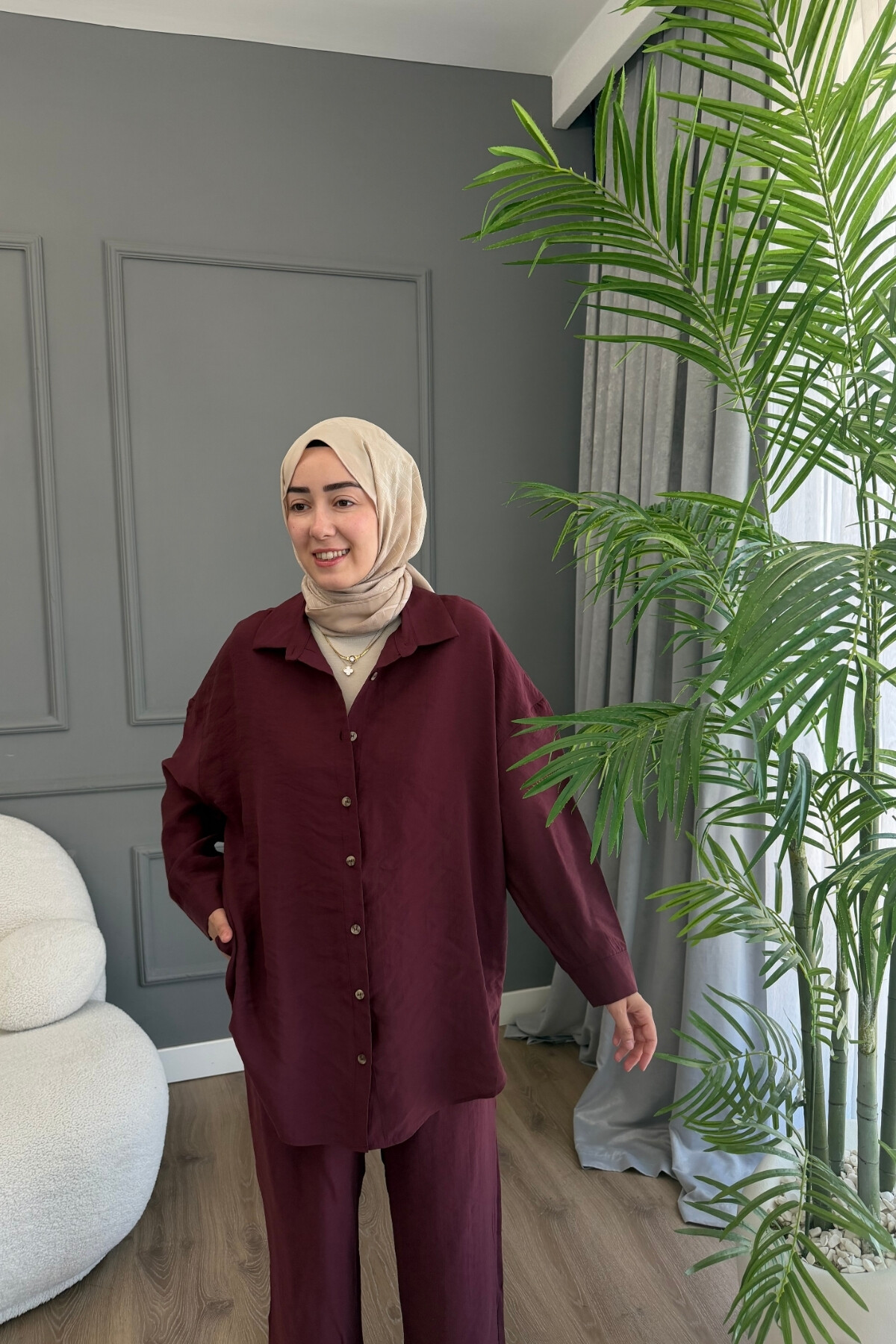 KLASİK GÖMLEKLİ MODAL KUMAŞ TAKIM 4302 MÜRDÜM