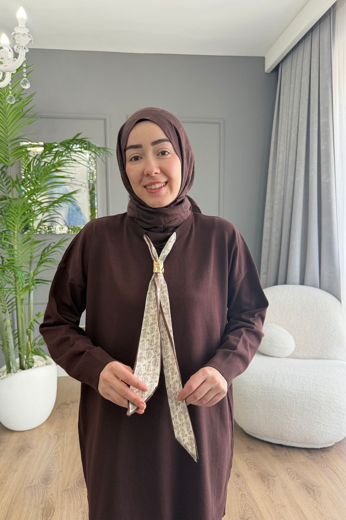 MERSERİZE KUMAŞ FULARLI TUNİK 6104 KAHVE