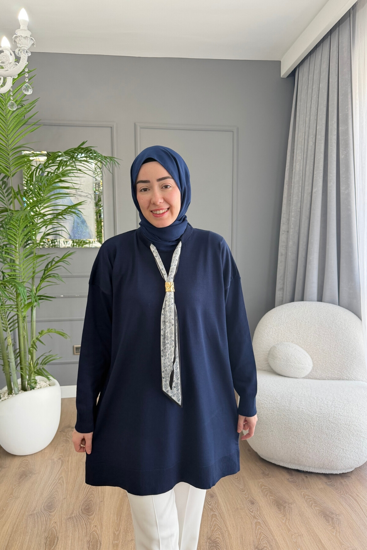 MERSERİZE KUMAŞ FULARLI TUNİK 6104 LACİVERT