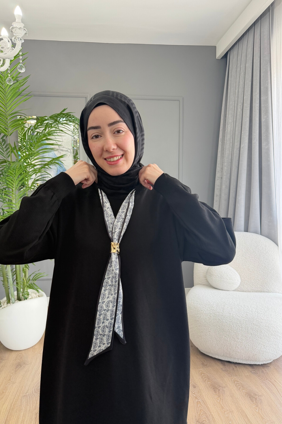 MERSERİZE KUMAŞ FULARLI TUNİK 6104 SİYAH