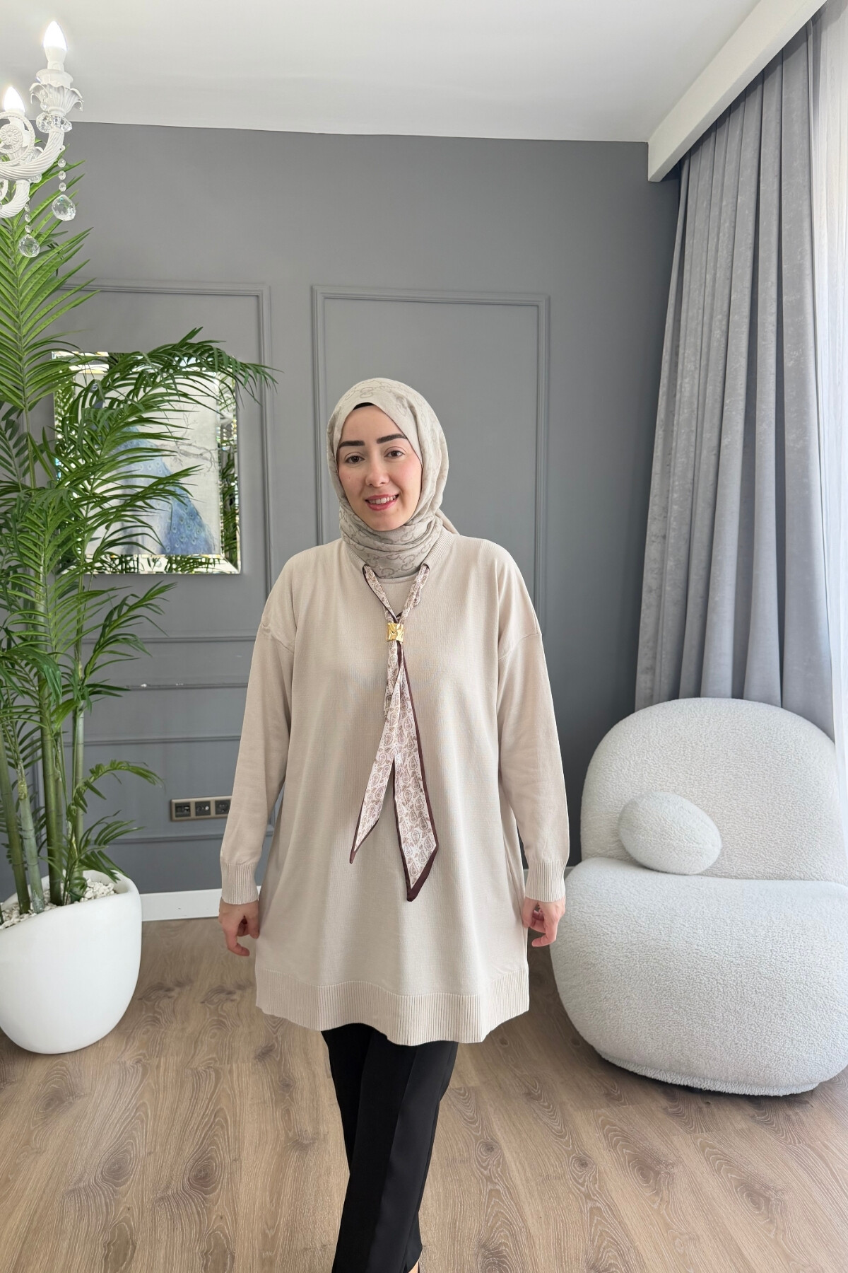 MERSERİZE KUMAŞ FULARLI TUNİK 6104 TAŞ