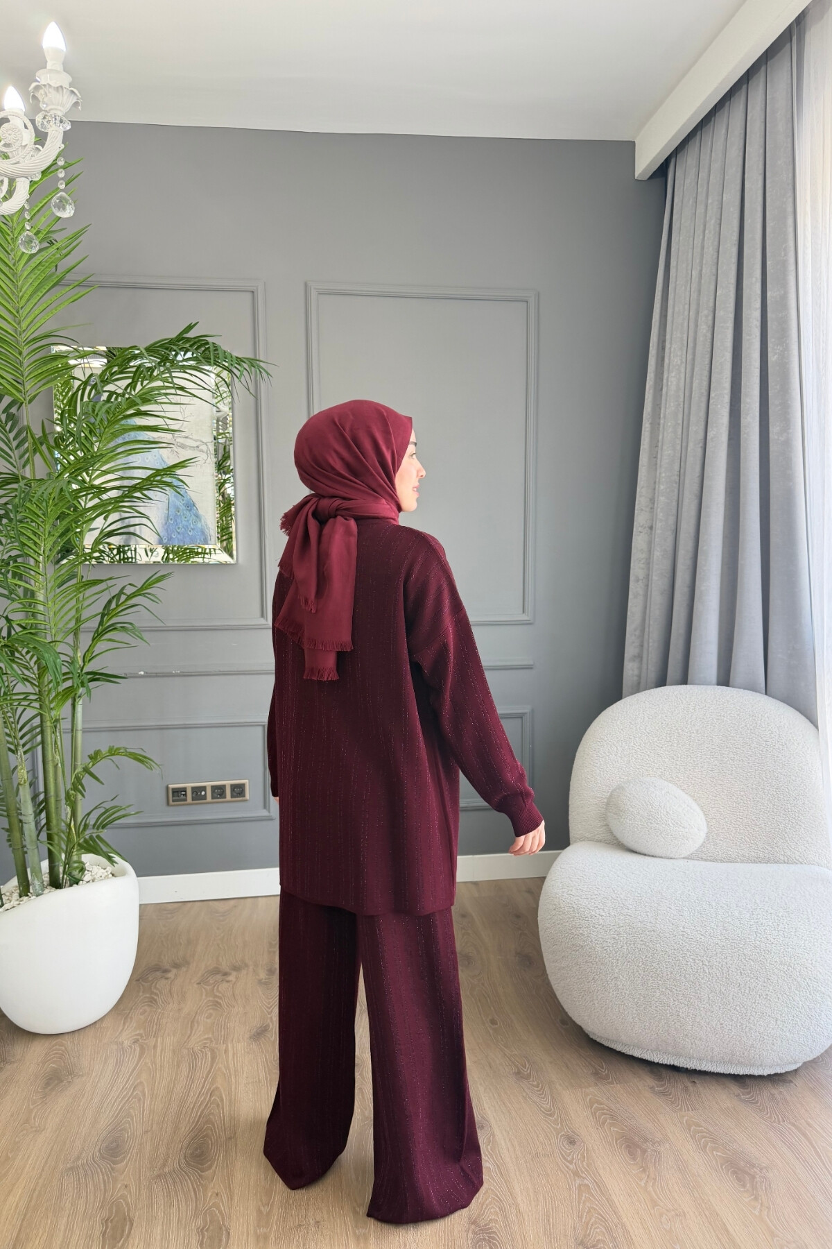 MERSERİZE KUMAŞ SİMLİ PANTALON TAKIM 6110 BORDO
