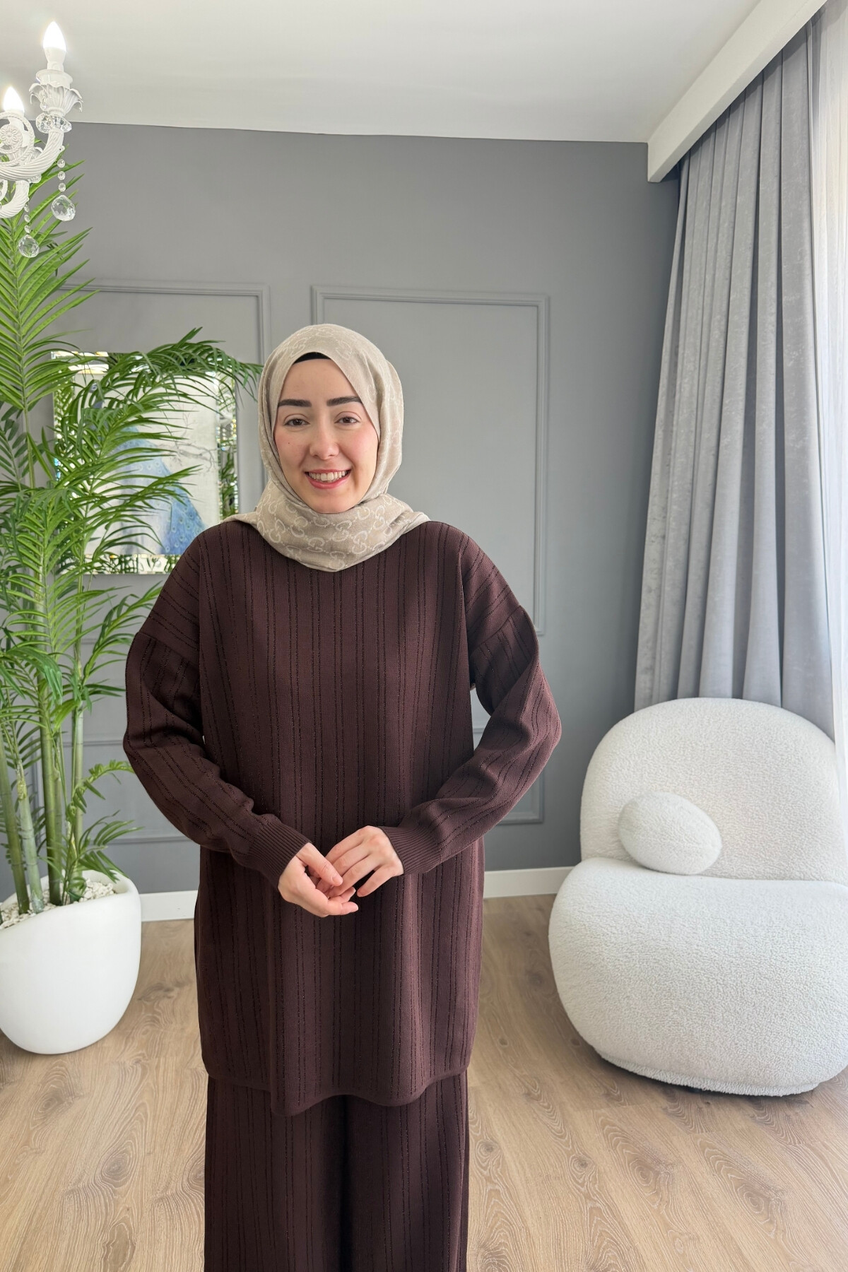 MERSERİZE KUMAŞ SİMLİ PANTALON TAKIM 6110 KAHVE