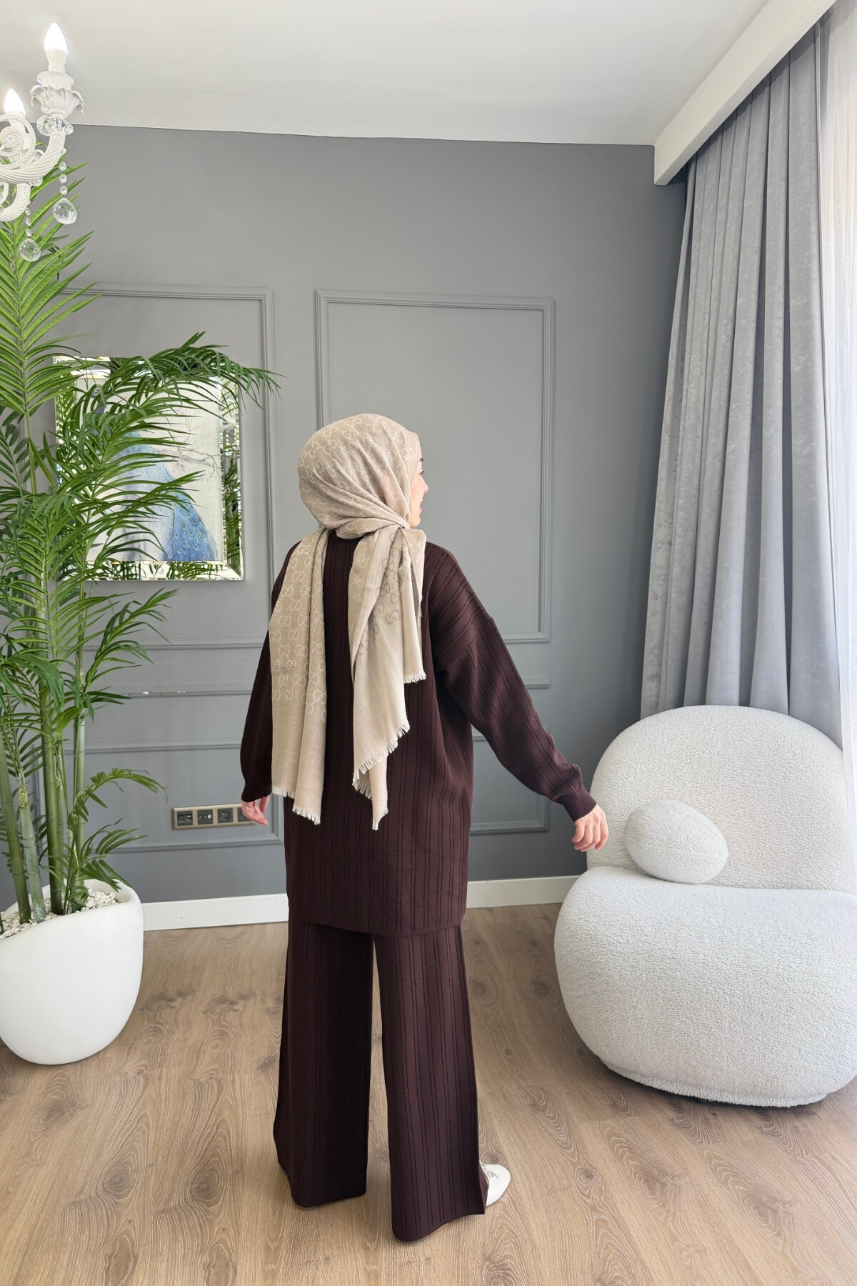 MERSERİZE KUMAŞ SİMLİ PANTALON TAKIM 6110 KAHVE