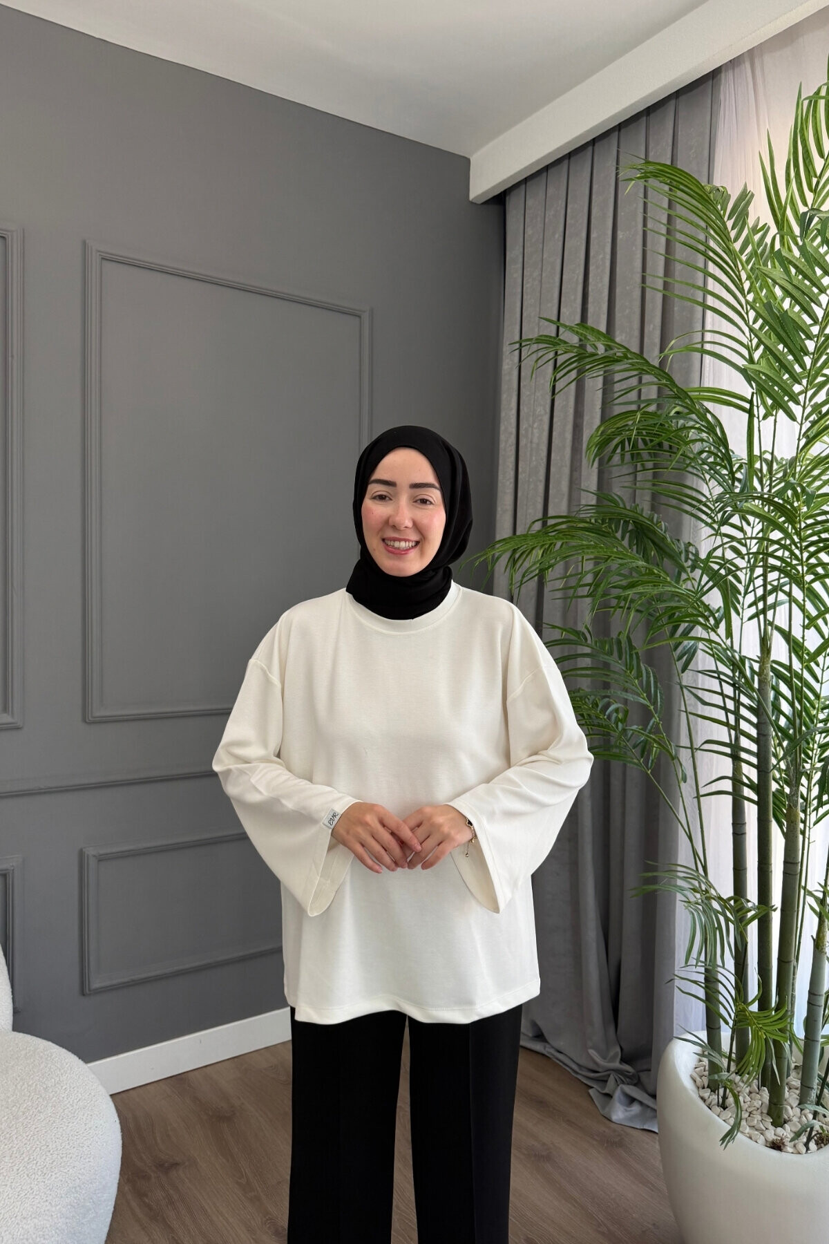 Oysho Kumaş Rahat Kalıp Bisiklet Yaka Tunik 3003 Beyaz