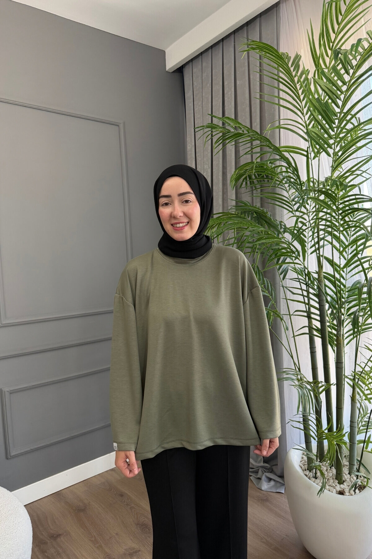 Oysho Kumaş Rahat Kalıp Bisiklet Yaka Tunik 3003 Haki