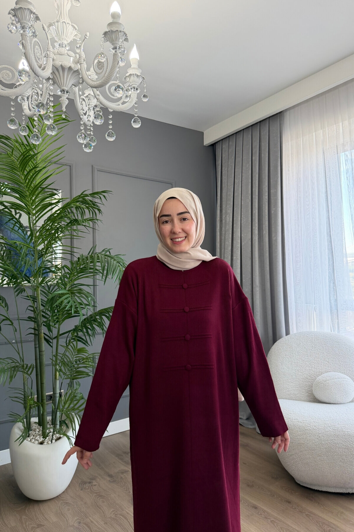 PONÇİK DÜĞME DETAYLI PREMİUM TRİKO ELBİSE 6141 BORDO