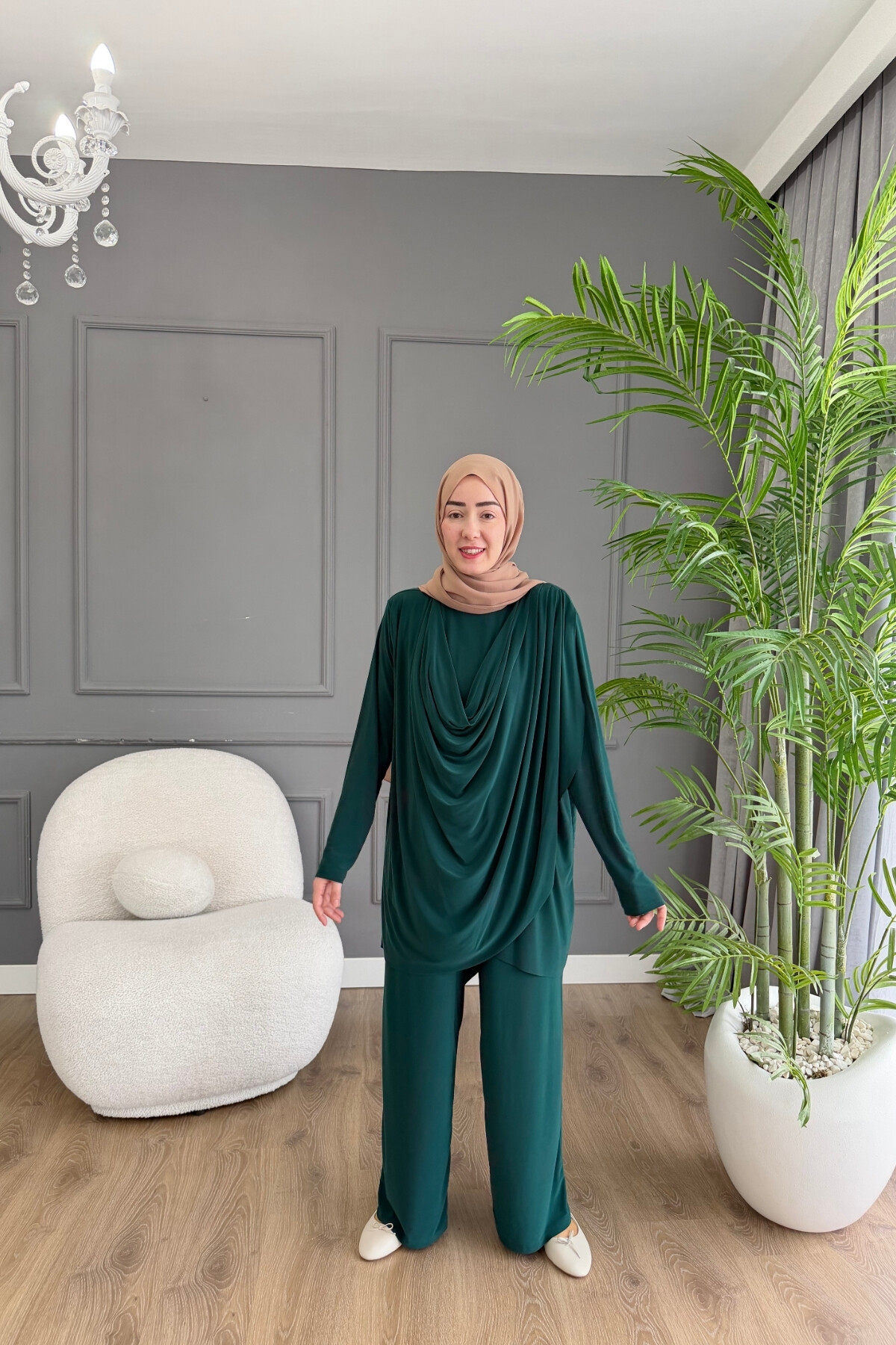 Sandy Pantalon Takım Ön Büzgü Detaylı 4201 ZÜMRÜT