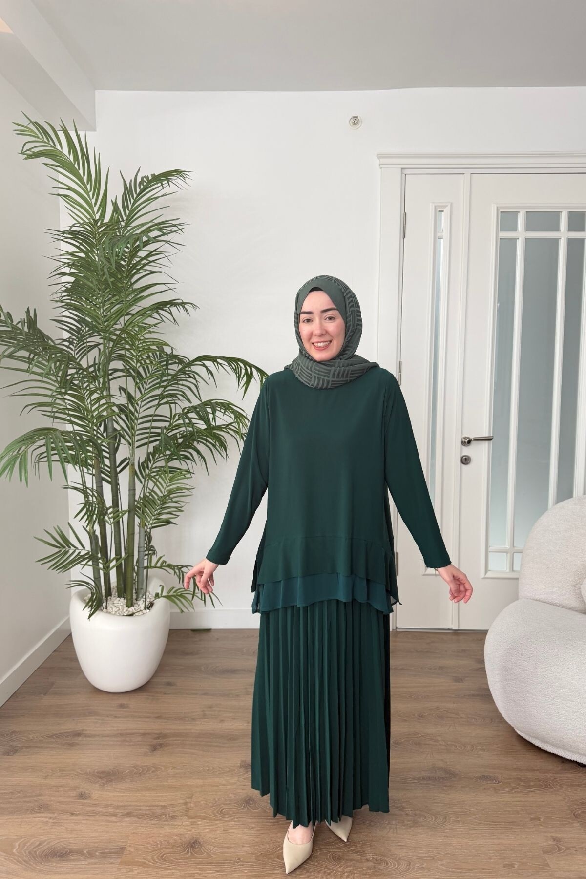 ŞİFON DETAYLI SANDY ETEK TAKIM 4210 ZÜMRÜT