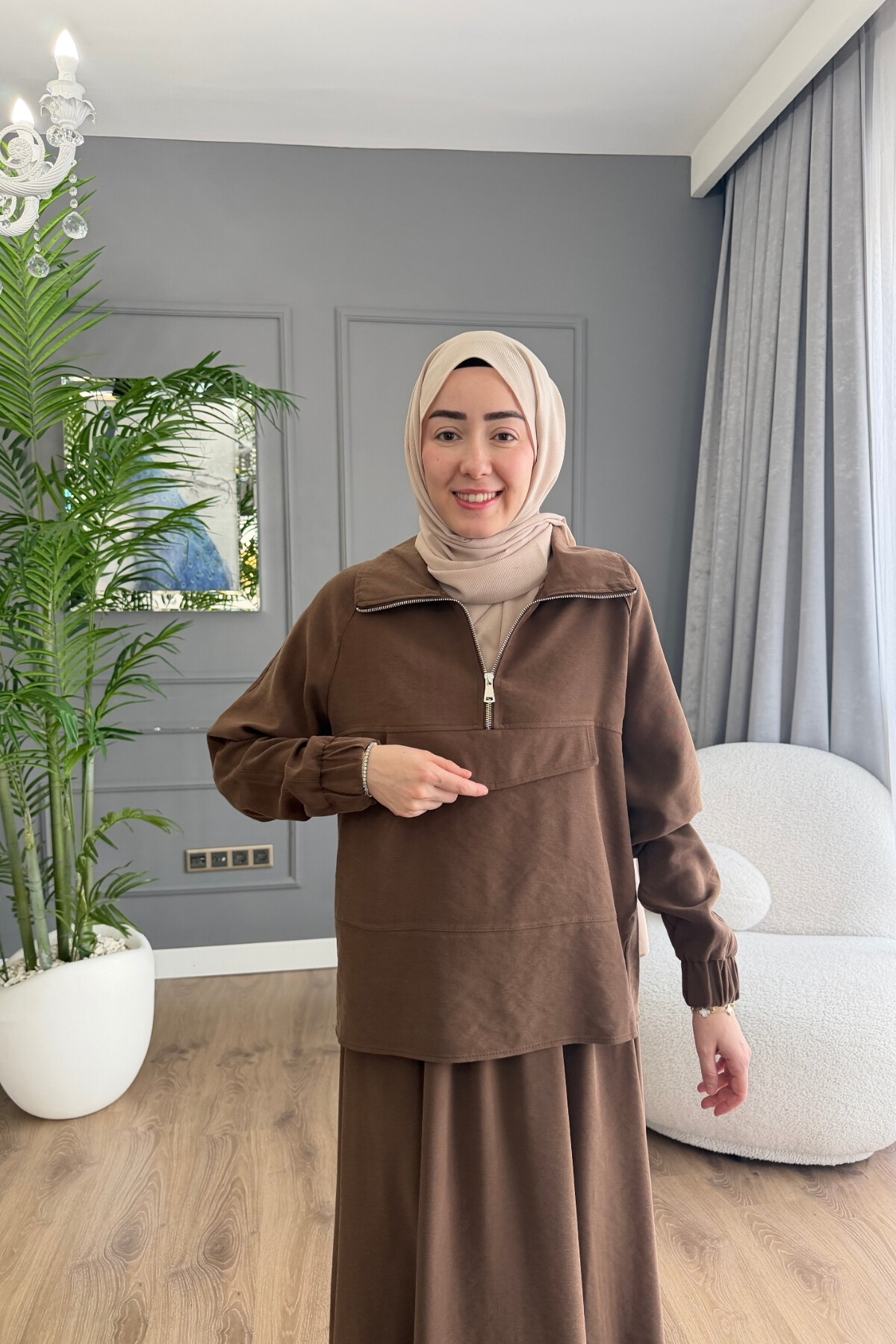 TENSEL KUMAŞ CEP DETAYLI ETEK TAKIM 2006 KAHVE