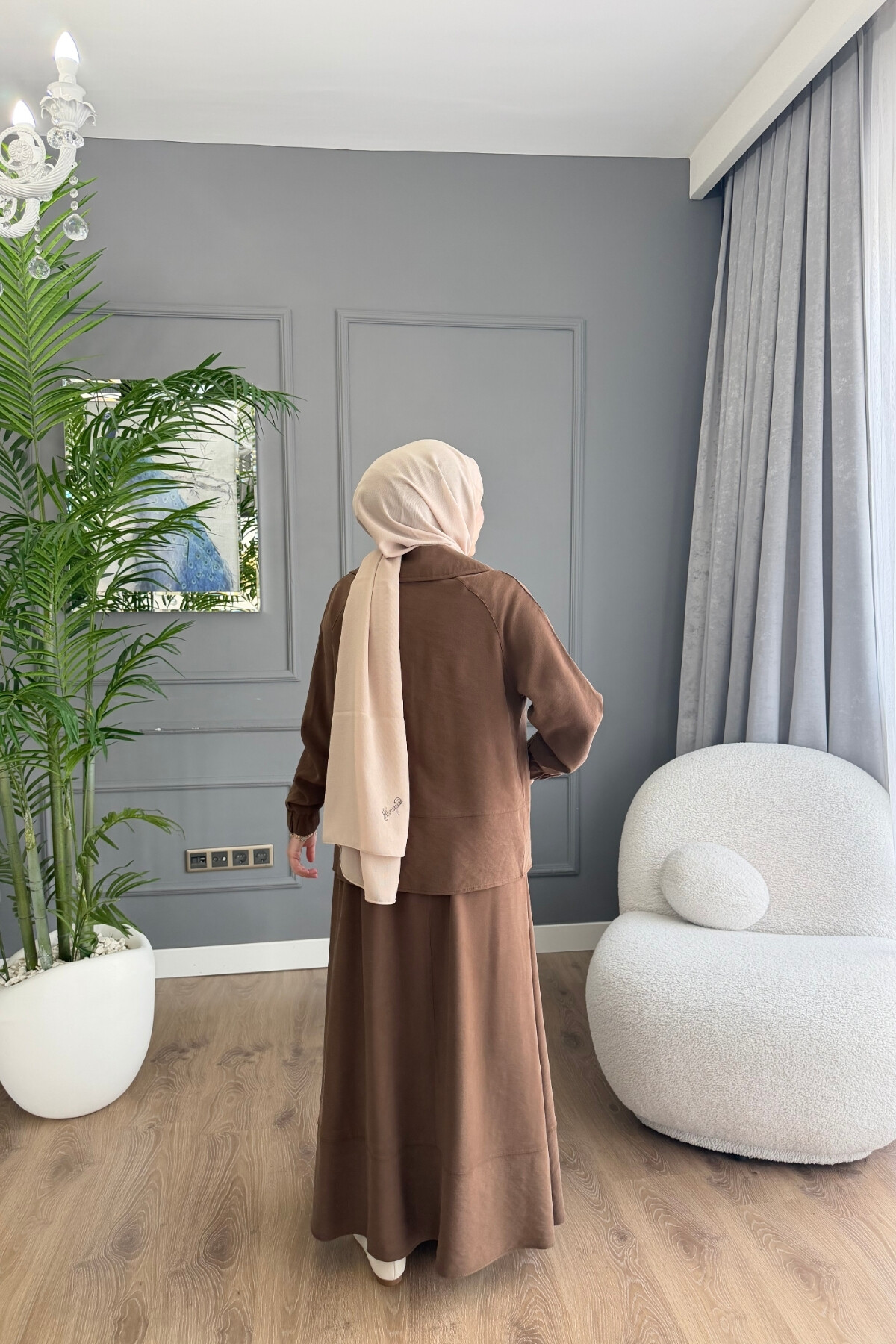 TENSEL KUMAŞ CEP DETAYLI ETEK TAKIM 2006 KAHVE