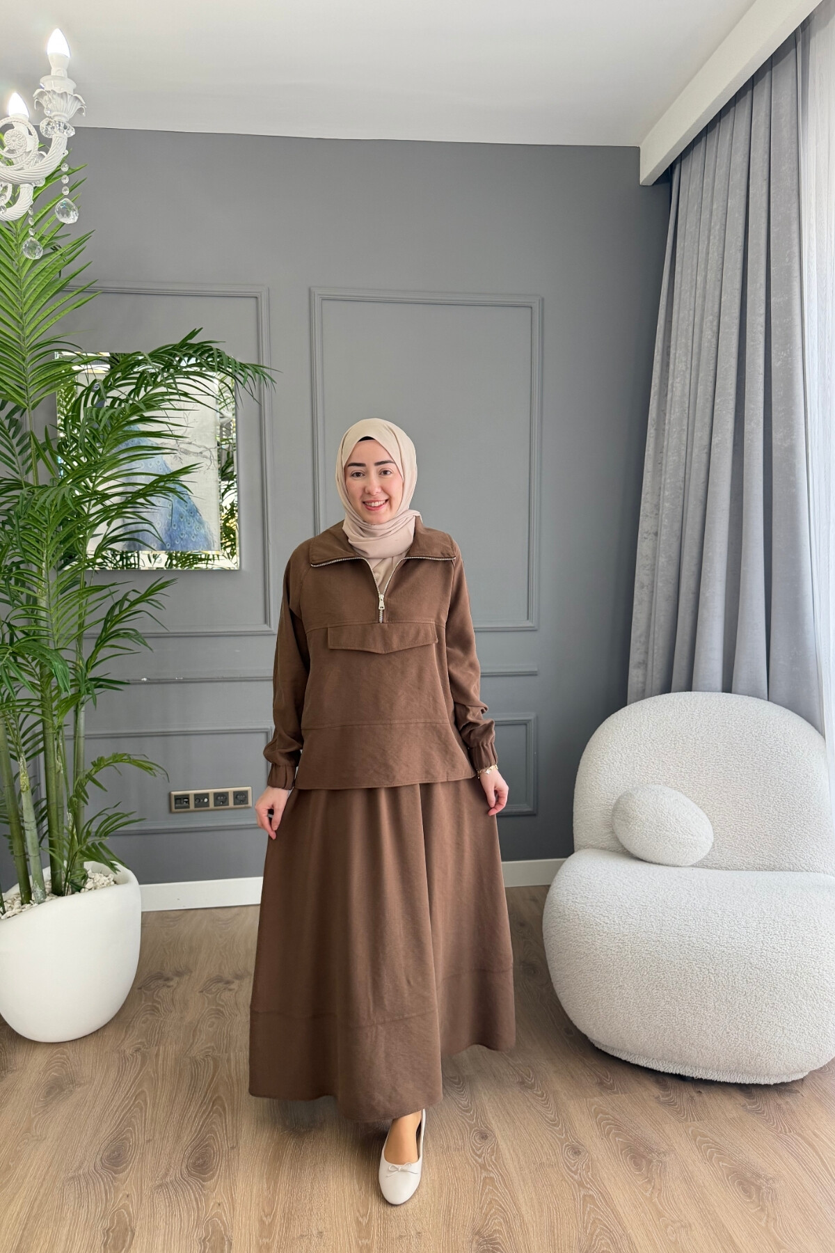 TENSEL KUMAŞ CEP DETAYLI ETEK TAKIM 2006 KAHVE