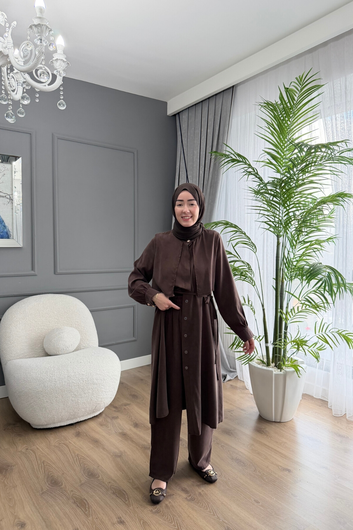 TENSEL KUMAŞ SPOR TUNİK TAKIM KAHVE