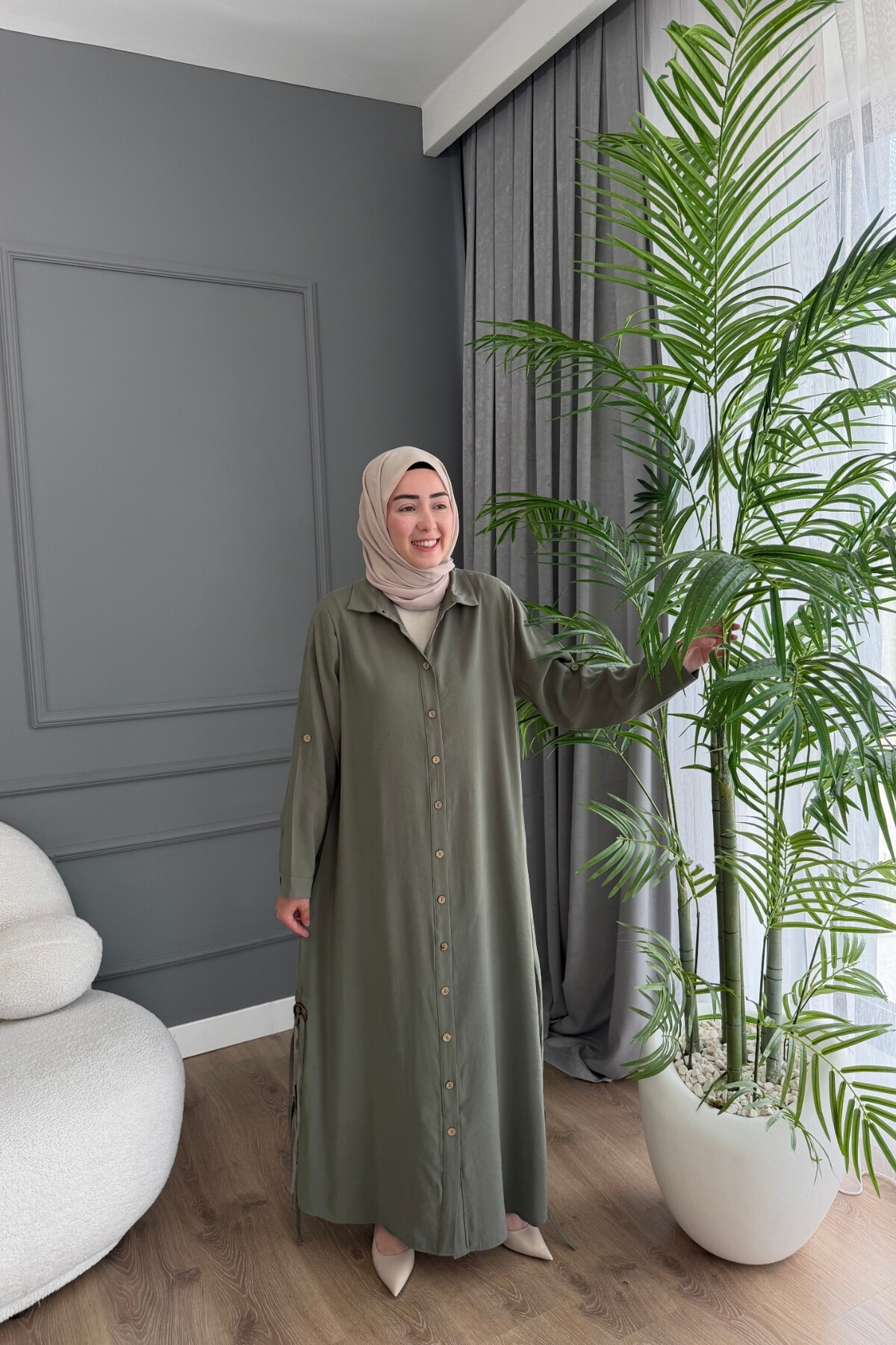YANLARI BAĞCIKLI MODAL KUMAŞ ELBİSE 1518 HAKİ