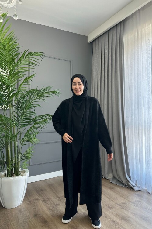 Angora Kumaş Uzun Hırka Siyah 4142