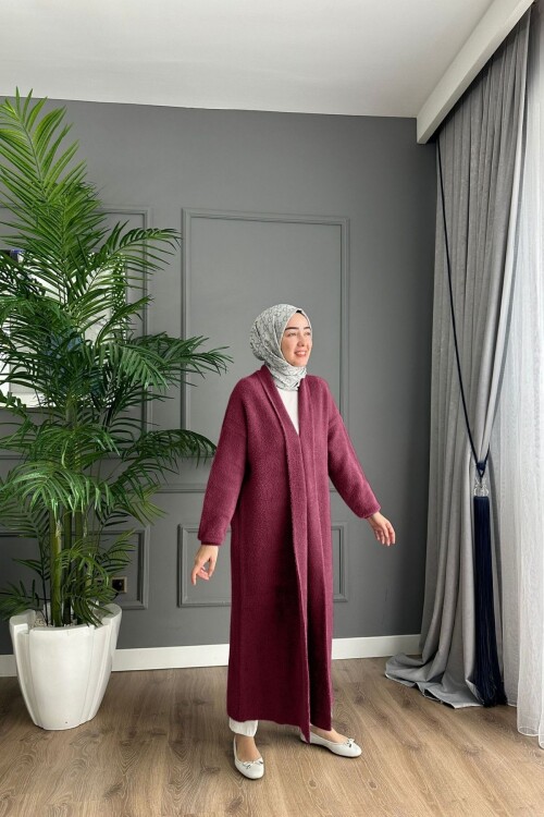Angora Kumaş Uzun Hırka Bordo 4142