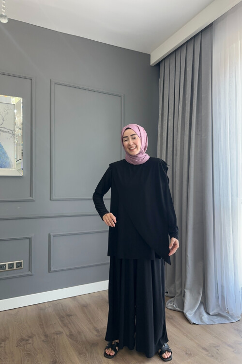 ASİMETRİK ETEK PANTALON SANDY TAKIM 4214 SİYAH