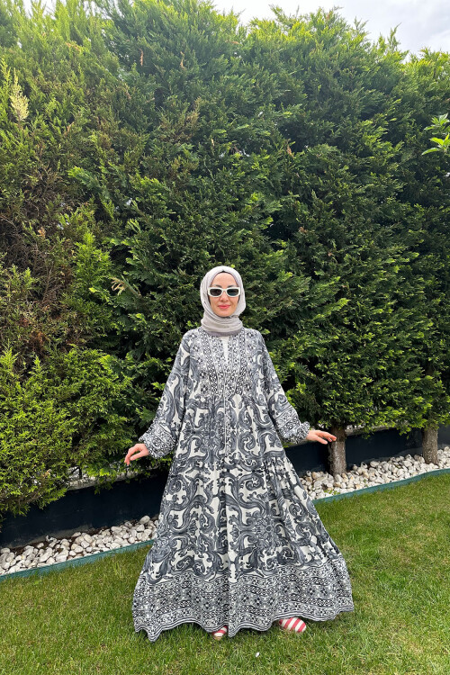 ÇİÇEK MODEL VİSCON ELBİSE SİYAH