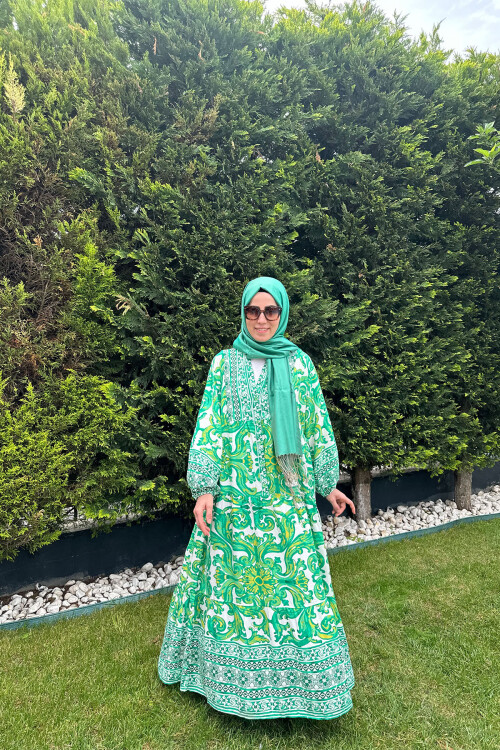 ÇİÇEK MODEL VİSCON ELBİSE YEŞİL