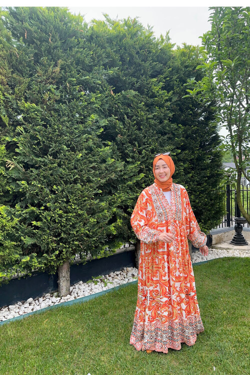 ÇİÇEK MODEL VİSCON ELBİSE TURUNCU