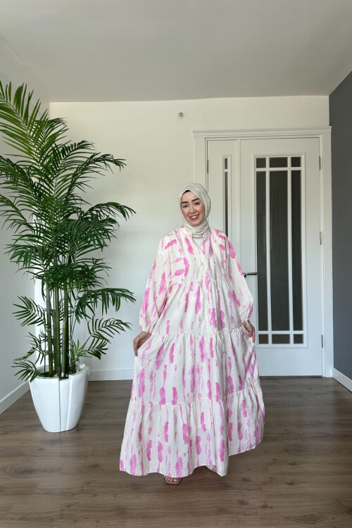 DAMGA MODEL MANGO KUMAŞ ELBİSE PEMBE