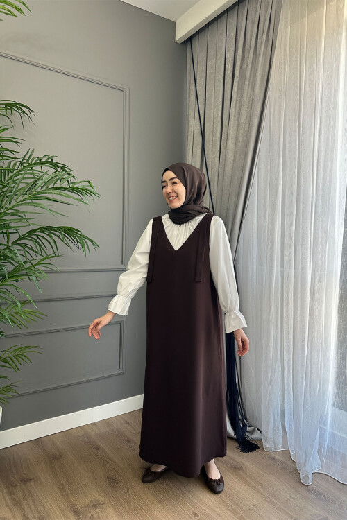 DOUBLE KREP JİLE ELBİSE KAHVE