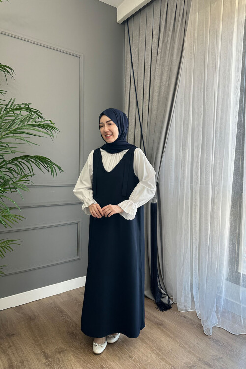 DOUBLE KREP JİLE ELBİSE LACİVERT