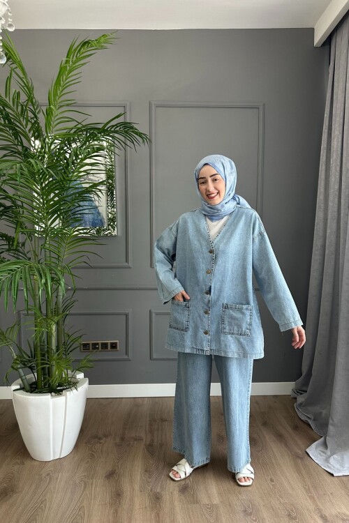 DÜĞMELİ İNCE KOT TAKIM 2080 AÇIK MAVİ