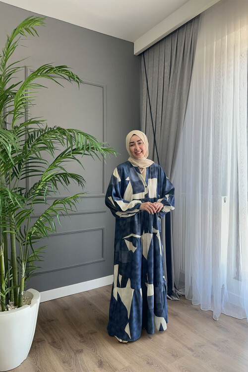 KARE MODEL VİSKON ELBİSE MAVİ