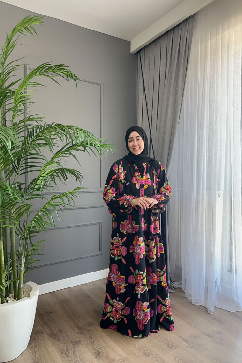 KELEBEK MODEL VİSKON ELBİSE SİYAH