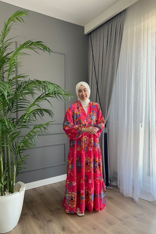 KELEBEK MODEL VİSKON ELBİSE FUŞYA